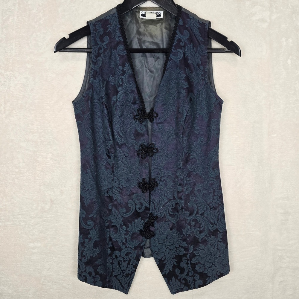 Vintage Contempo Casuals Purple Teal Damask Jacquard Frog Closure Vest Small